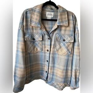 Boston Traders Plaid Shacket Blue Tan Button Front Shirt Jacket XXL